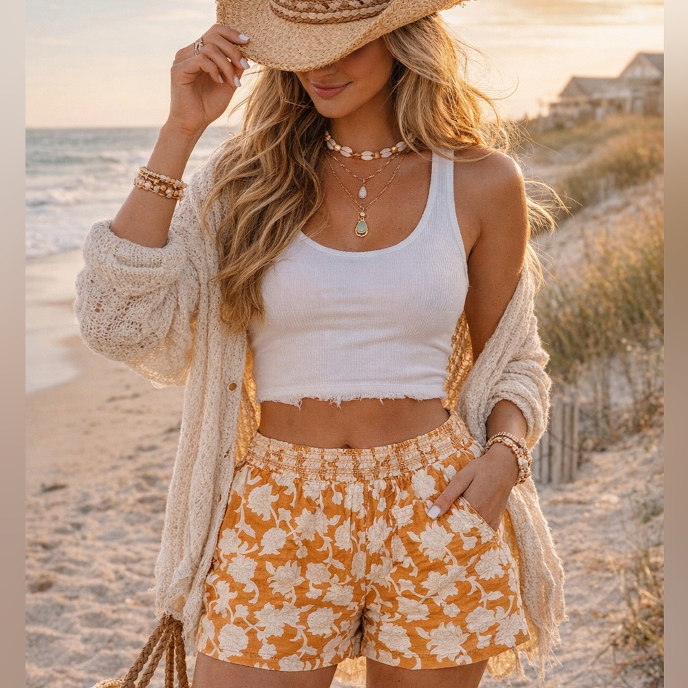 Briggs Floral Linen blend Shorts Orange & white Coastal Cowgirl Indie Summer XL